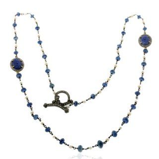 18kt Gold Diamond Pave Blue Sapphire & Pearl Chain Necklace Jewelry Jewelry
