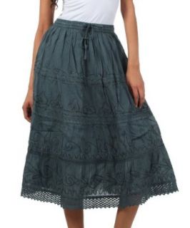 Sakkas 854 Solid Embroidered Crochet Lace Trim Gypsy Bohemian Mid Length Cotton Skirt   Turquoise / One Size