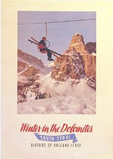 1950's Dolomites Balzano Italy Original Antique Italian Vintage Ski Skiing Advertising Poster   Prints
