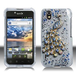 LG Marquee LS855 LS 855 Clear Transparent with Golden Blue Peacock Bird Animal Multicolor Gemstones White Design 3D 3 D Diamonds Crystals Bling Hard Snap On Protective Cover Case Cell Phone (Free Microseven logo gift)) Cell Phones & Accessories