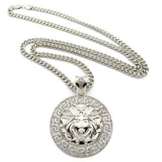 Hot Very Rare Large Silver Medusa Face Circle Pendant w/6mm 36" Cuban Link Chain Necklace XP879R CC Jewelry
