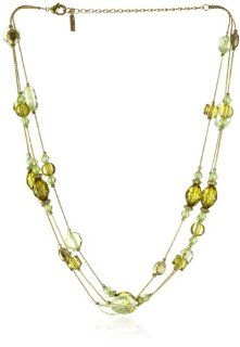 1928 Jewelry Green and Brass Triple Strand Necklace Jewelry