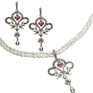 Fleur de lis Seed Pearl Sterling Silver Pendant Necklace & Chandelier Earrings Ruby Set Earring And Pendant Necklace Sets Jewelry