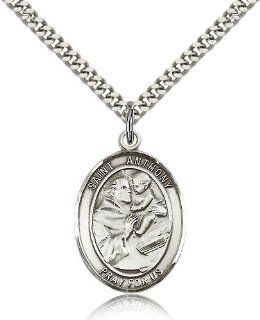 Large Detailed Men's .925 Sterling Silver Saint St. Anthony of Padua Medal Pendant 1 x 3/4 Inches Lost Articles/The Poor 7004  Comes with a Stainless Silver Heavy Curb Chain Neckace And a Black velvet Box Jewelry