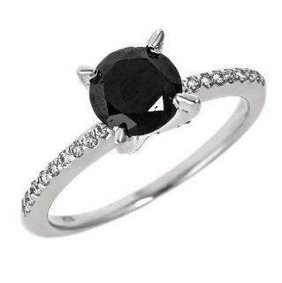 Fancy Black Round Diamond Engagement Ring Pave Set 14k White Gold (1 1/2 Carats, AAA Clarity, Black Color) Jewelry