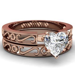 0.70 Ct Heart Shaped Diamond Engraved Inspired Wedding Rings Set SI1 E GIA 14K Fascinating Diamonds Jewelry