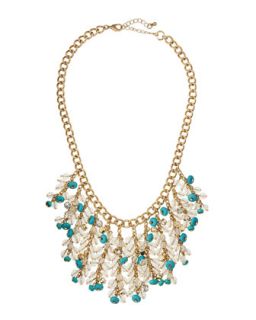 Crystal Beaded Fringe Bib Necklace, Turquoise