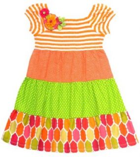 Size 4T, Orange, RRE 65973E, Orange and White Striped Knit to Tiered Mix Print Dress, Rare Editions TODDLERS, Girl Party Dress Clothing