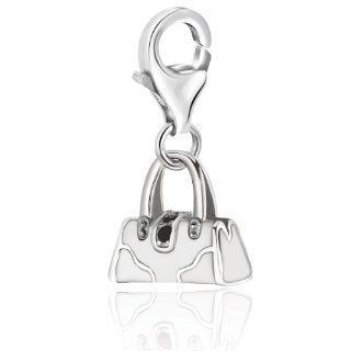 Sterling Silver White Enameled Charm with Crystal Accented Lock Jewelry