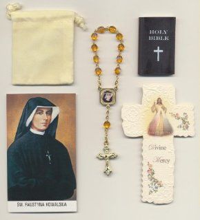 Saint Faustina Gold One Decade Finger Crystal Relic Rosary, Holy Card, Velour Bag, Bible Eraser and Ambrosiana Cross Bookmark Divine Mercy Patron 