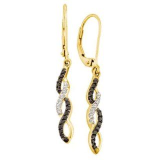 0.32 Carat (ctw) 14k Yellow Gold Black & White Diamond Ladies Swirl Dangling Drop Earrings Jewelry