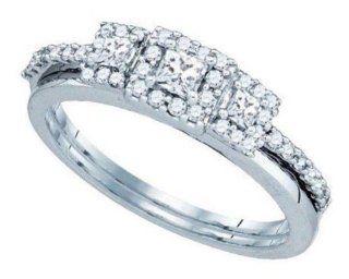 0.5 cttw 14k White Gold Diamond Halo Princess Cut Engagement and Wedding Band Bridal Set Three Stone (Real Diamonds 1/2 cttw, Ring Sizes 4 10) Jewelry