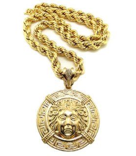 New Shiny Gold Medusa Circle Pendant w/14mm 36" Hollow Rope Chain Necklace XP878G14HC Jewelry