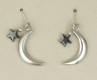 Mystical Moon Earrings in Sterling Silver with a Black Onyx Star Accent, Made in America The Silver Dragon Jewelry