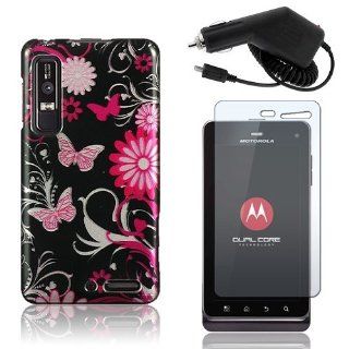 Motorola DROID 3 XT862 / MileStone 3 XT883   Pink Butterfly Flower Design Hard Plastic Skin Case Cover + Car Charger + Clear Screen Protector [AccessoryOne Brand] Cell Phones & Accessories