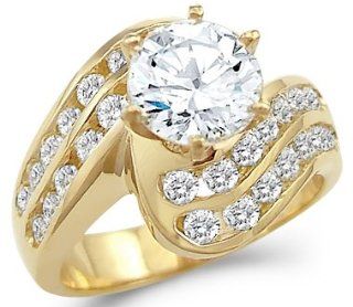 Solid 14k Yellow Gold Large Round CZ Cubic Zirconia Engagement Ring Unique 3.0 ct Jewelry