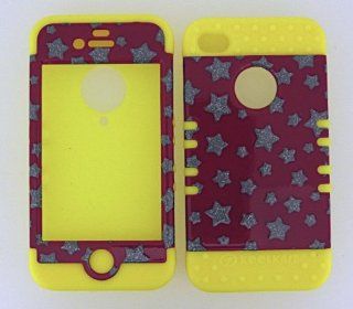 3 IN 1 HYBRID SILICONE COVER FOR APPLE IPHONE 4 4S HARD CASE SOFT YELLOW RUBBER SKIN GLITTER STARS YE TP886 KOOL KASE ROCKER CELL PHONE ACCESSORY EXCLUSIVE BY MANDMWIRELESS Cell Phones & Accessories
