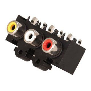 JACK,RCA,PCB MOUNT,RIGHT ANGLE,3 JACK,RED/WHITE/YELLW,BLACK FACE