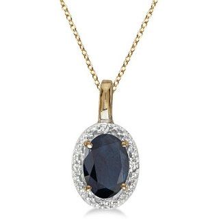 Oval Blue Sapphire and Diamond Pendant Necklace 14k Yellow Gold (0.55ct) Allurez Jewelry