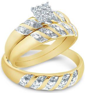 14k Yellow and White 2 Two Tone Gold Mens and Ladies Couple His & Hers Trio 3 Three Ring Bridal Matching Engagement Wedding Ring Band Set   Round Diamonds   Princess Shape Center Setting (.09 cttw) Jewelry