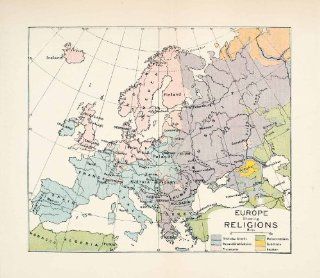 1904 Lithograph Map Europe Religion Spain England France Italy Russia Turkey   Original Lithograph   Lithographic Prints