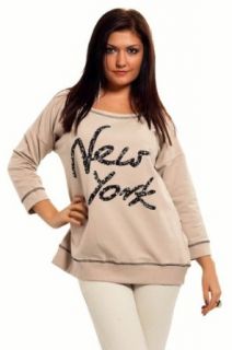Ladies Quality Oversized Sweatshirt NY Print Diamante Details Jumper Top 924 (One Size US 8/10/12 • EU 38/40/42, Ecru)