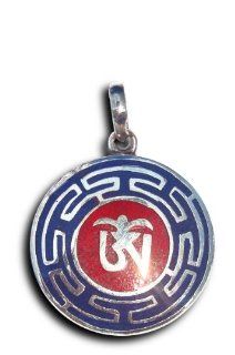 Solid 925 St Sterling Silver Lapiz Red Coral Om Ohm Buddhist Meditation Yoga Balance Serenity Harmony Neclace Tibet Jewery 1 1/8 Inch In Diameter Red Coral And Blue Lapis On A Beautiful 925 St Sterling Silver Heavily Plated Chain Handmade At The Foot Of Th
