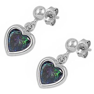 Gift Rainbow Cz Dangle Heart .925 Sterling Silver Earrings Jewelry