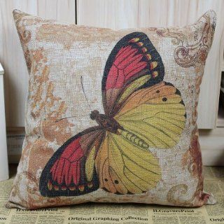 Golden Yellow Red Butterfly Vintage Burlap Cushion Cover Pillow Case   Throw Pillow Covers