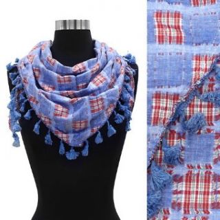 Checker Block Design Triangle Scarf with Tassle   Red/Blue