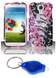 Purple Pink Leopard and Silver Zebra Diamond Bling Case + ATOM LED Keychain Light for Samsung Galaxy S4 Cell Phones & Accessories