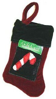 7" Velvet Burgundy & Green Candy Cane Mini Christmas Stocking Holds Gift Card  