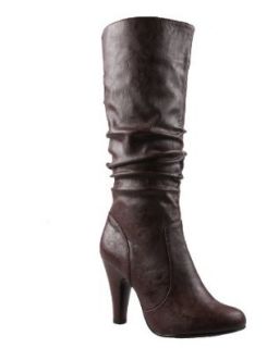 REFRESH JAZZ Women's round toe tall boots on kitty heels with slouchy pull up PU upper Shoes