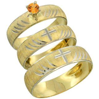 10k Gold 3 Piece Trio His (5.5mm) & Hers (4.5mm) 0.25 Carat Orange Sapphire Wedding Ring Band Set w/ Rhodium Accent (Available in Ladies Sizes 5 to10 & Men's Sizes 8 to 14) Ladies Size 7.5 Jewelry
