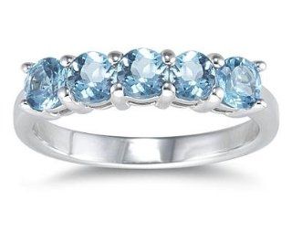 5 Stone Blue Topaz Ring 14K White Gold Jewelry