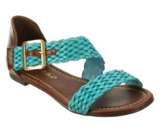 Breckelle's Women's Nadia 06 Woven Flat Sandals, Turquoise, 9 M US Shoes