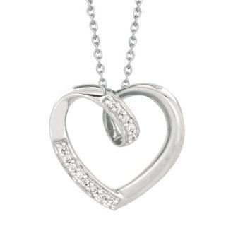 18" 1.1mm (0.04") Rhodium Plated Polished Cable Chain w/ .15ctw White Diamond Open Heart Pendant 925 Sterling Silver Jewelry