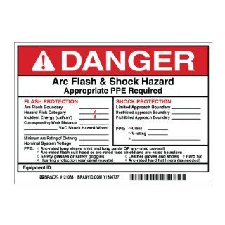 Brady 121088 Vinyl Preprinted Arc Flash & Shock Labels, Black and Red on White, 5" Height x 7", Legend "Danger Arc Flash & Shock Hazard Appropriate Ppe Required Flash Protection Flash Hazard Category 2" (5 Labels per Package) I