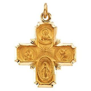 14K Yellow Gold 4 Way Cross Medal Charm Pendant Jewelry