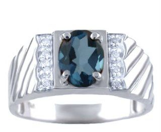 Mens Blue Topaz & Diamond Ring Your Choice of 14K Gold White or Yellow Gold Band   December Birthstone Jewelry