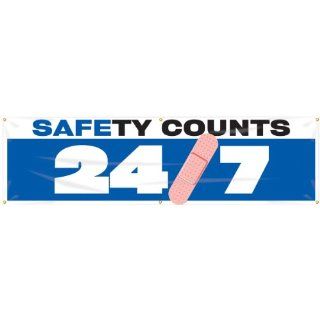 Accuform Signs MBR936 Reinforced Vinyl Motivational Safety Banner "SAFETY COUNTS 24/7" with Metal Grommets, 28" Width x 8' Length, Pink/Blue/Black on White Industrial Warning Signs