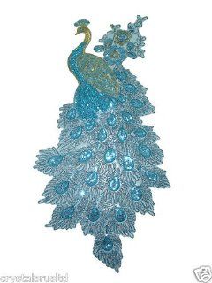 Fabric Glitter Sequin Peacock Bird 22 Inch Blue Iron On