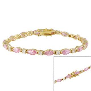 Gold Tone over Sterling Silver Marquise & Round Pink and Clear CZ Tennis Bracelet Jewelry