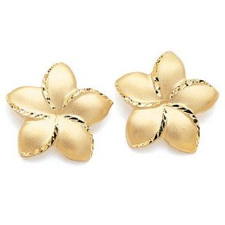 14K Gold Satin Finish Large Plumeria Flower Stud Earrings Jewelry