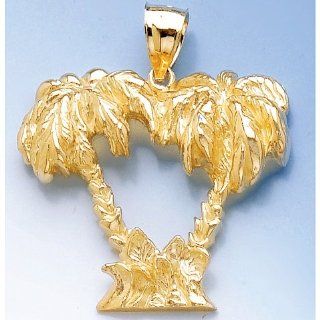 Gold Nautical Charm Pendant Double Palm Tree Pendant 2 D Textured Jewelry