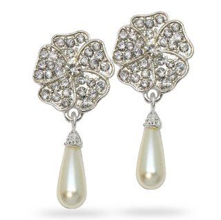 White Faux Pearl Rhinestone Rose Flower Drop Earrings   Ideal for Wedding, Prom, Party or Pageant Jewelry