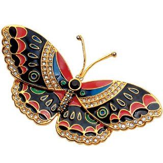 Butterfly Brooch or Pin Gold Jewelry with Crystal Diamonds Enamel Black Color MMA Jewelry