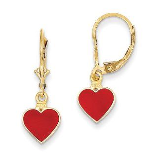14k Red Enameled Heart Dangle Leverback Earrings, Best Quality Free Gift Box Satisfaction Guaranteed Jewelry