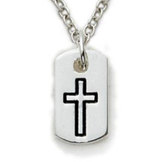 1/2" Sterling Silver Dog Tag Cross Necklace on 18" Chain Jewelry