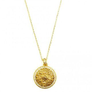 Gold Medallion with Crystal Pave Pendant Necklace Jewelry